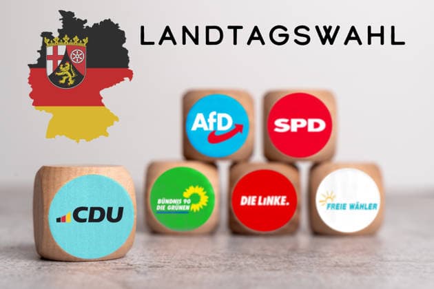 Bavaria, Germany - February 2, 2026: PHOTO MONTAGE, symbolic image for the 2026 state election in Rhineland-Palatinate. In the foreground is the CDU Christian Democratic Union of Germany, followed by other parties such as AFD Alternative for Germany, SPD Social Democratic Party of Germany, BÜNDNIS 90 DIE GRÜNEN, DIE LINKE and FREIE WÄHLER. *** FOTOMONTAGE, Symbolbild zur Landtagswahl 2026 in Rheinland-Pfalz. Im Vordergrund steht die CDU Christlich Demokratische Union Deutschlands, dahinter weitere Parteien wie AFD Alternative für Deutschland, SPD Sozialdemokratische Partei Deutschlands, BÜNDNIS 90 DIE GRÜNEN, DIE LINKE und FREIE WÄHLER.