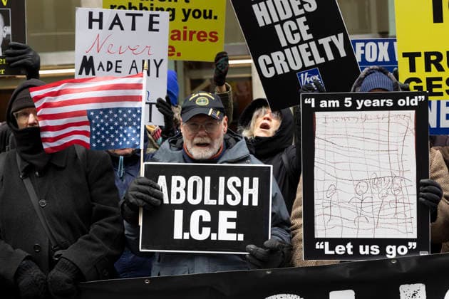 February 3, 2026, New York, New York, USA: Outside of the Newscorp s Fox News in Midtown Manhattan protesters chant and hold an upside down American flag and signs that read ABOLISH I.C.E. I am 5 years old Let us go with a copy of the drawing made by a child held with her family in Dilley Detention Facility in Texas, denouncing Immigration and Customs Enforcement (ICE) violence and Fox s reporting as propaganda for President Trump s immigration policies. At a weekly demonstration protesters with the activist groups Rise and Resist and Truth Tuesdays call for an end to Department of Homeland Security (DHS) operations in Minneapolis and across the country. New York USA - ZUMAr174 20260203_znp_r174_023 Copyright: xGinaxMxRandazzox
