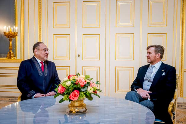 04-02-2026 Palace King Willem-Alexander during the credentials (geloofsbrieven) of the Ambassador of the Republic of Kazakhstan, His Excellency A. Rakhmetullin, at palace Noordeinde in The Hague. Â  Copyright: xPPEx