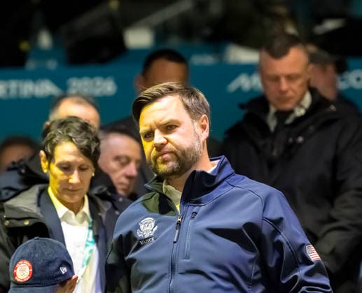 February 5, 2026, Milan, Lombardy, Italy: United States Vice President, JD VANCE, cheers on the USA as they play against Team Czechia in the Preliminary Round Group B at the Milano Ice Park In Rho in MILAN, Italy during the 2026 Milano Corntina Winter Olympics. Team USA beats Team Czechia 5-1. Milan Italy - ZUMAa161 20260205_oly_a161_040 Copyright: xWalterxG.xArcex
