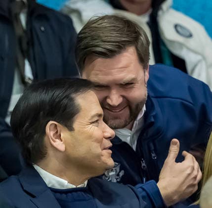 February 5, 2026, Milan, Lombardy, Italy: United States Vice President, JD VANCE, talks with United States Secretary of State, MARCO RUBIO as they cheer on USA as they play against Team Czechia in the Preliminary Round Group B at the Milano Ice Park In Rho in MILAN, Italy during the 2026 Milano Corntina Winter Olympics. Team USA beats Team Czechia 5-1. Milan Italy - ZUMAa161 20260205_oly_a161_046 Copyright: xWalterxG.xArcex