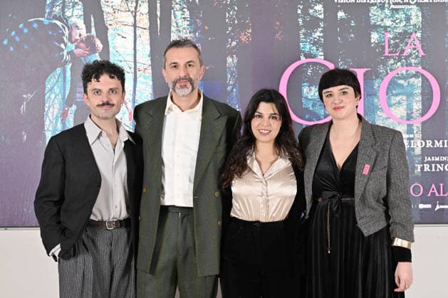 Photocall of the film La Gioia February 5, 2026, Rome. Presentation of the film La Gioia. Pictured is director Nicolangelo Gelormini with screenwriters Giuliano Scarpinato, Benedetta Mori, and Chiara Tripaldi., Credit:Maria Laura Antonelli Avalon Italy., Rome  Copyright: xMariaxLauraxAntonellix xAvalonx 1072313360