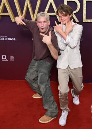 AACTA AWARDS 2026, Danny Philippou (left) and Jonah Wren Phillips (right) are seen posing for a photo on the red carpet at the 2024 AACTA Awards at HOTA in Surfers Paradise, Queensland, Friday, February 6, 2026. ( NO ARCHIVING BRISBANE QUEENSLAND AUSTRALIA  Copyright: xDARRENxENGLANDx 20260206135251837115