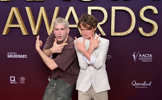 AACTA AWARDS 2026, Danny Philippou (left) and Jonah Wren Phillips (right) are seen posing for a photo on the red carpet at the 2024 AACTA Awards at HOTA in Surfers Paradise, Queensland, Friday, February 6, 2026. ( NO ARCHIVING BRISBANE QUEENSLAND AUSTRALIA Copyright: xDARRENxENGLANDx 20260206184144951575
