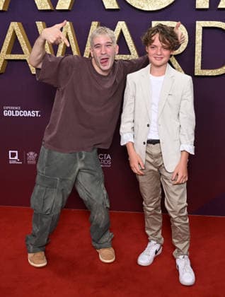 AACTA AWARDS 2026, Danny Philippou (left) and Jonah Wren Phillips (right) are seen posing for a photo on the red carpet at the 2024 AACTA Awards at HOTA in Surfers Paradise, Queensland, Friday, February 6, 2026. ( NO ARCHIVING BRISBANE QUEENSLAND AUSTRALIA  Copyright: xDARRENxENGLANDx 20260206167283907030