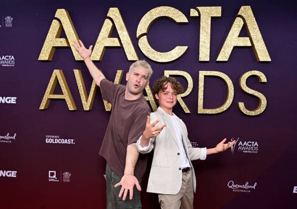 AACTA AWARDS 2026, Danny Philippou (left) and Jonah Wren Phillips (right) are seen posing for a photo on the red carpet at the 2024 AACTA Awards at HOTA in Surfers Paradise, Queensland, Friday, February 6, 2026. ( NO ARCHIVING BRISBANE QUEENSLAND AUSTRALIA  Copyright: xDARRENxENGLANDx 20260206122190323573