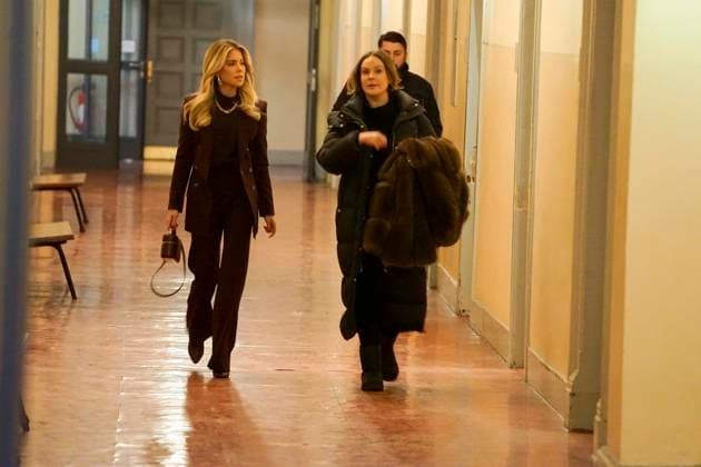 Sylvie Francoise Meis as a witness with her lawyer in the Hamburg Criminal Court Sievekingsplatz on 06 02 2026 Trial against the defendant M accused of joint residential burglary for having stolen handbags and jewelry worth over 500,000 euros Hamburg Germany