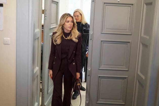 Sylvie Francoise Meis as a witness with her lawyer in the Hamburg Criminal Court Sievekingsplatz on 06 02 2026 Trial against the defendant M accused of joint residential burglary for having stolen handbags and jewelry worth over 500,000 euros Hamburg Germany