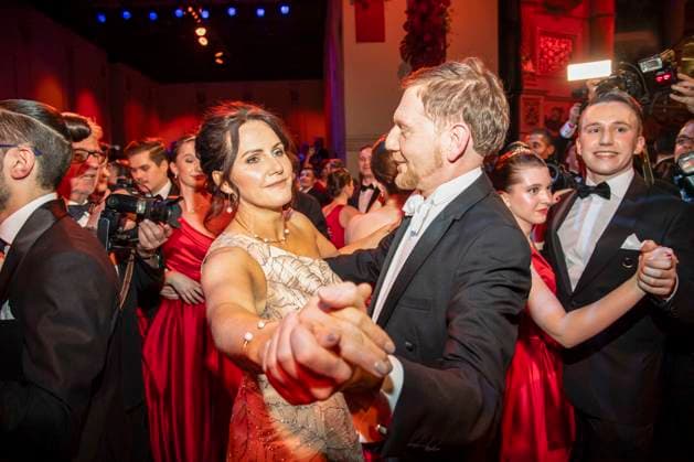 Annett Hofmann and Michael Kretschmer MP Saxony dancing as guests in the ballroom at the 100 Sepmper Opera Ball at the Semper Opera in Dresden on February 6, 2026 Saxony Germany