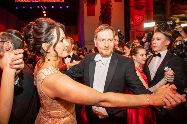 Annett Hofmann and Michael Kretschmer MP Saxony dancing as guests in the ballroom at the 100 Sepmper Opera Ball at the Semper Opera in Dresden on February 6, 2026 Saxony Germany