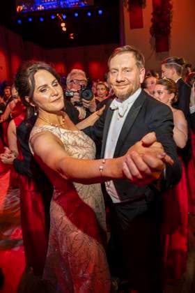Annett Hofmann and Michael Kretschmer MP Saxony dancing as guests in the ballroom at the 100 Sepmper Opera Ball at the Semper Opera in Dresden on February 6, 2026 Saxony Germany