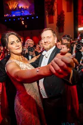 Annett Hofmann and Michael Kretschmer MP Saxony dancing as guests in the ballroom at the 100 Sepmper Opera Ball at the Semper Opera in Dresden on February 6, 2026 Saxony Germany
