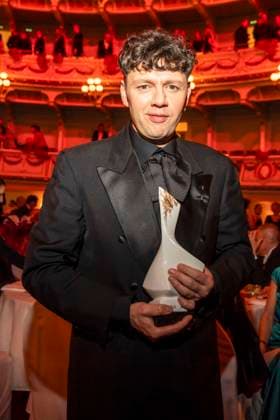 Christian Friedel with the Choros Award for Culture Award Winner as a guest in the ballroom at the 100 Sepmper Opera Ball at the Semper Opera in Dresden on February 6, 2026 Saxony Germany