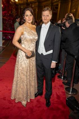 Annett Hofmann and Michael Kretschmer MP Saxony as guests on the red carpet at the 100 Sepmper Opera Ball at the Semper Opera in Dresden on February 6, 2026 Saxony Germany