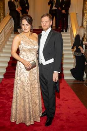 Annett Hofmann and Michael Kretschmer MP Saxony as guests on the red carpet at the 100 Sepmper Opera Ball at the Semper Opera in Dresden on February 6, 2026 Saxony Germany