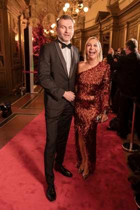 Susanne Klehn with companion husband celebrity expert ARD as guest on the red carpet ballroom dancing at the 100 Sepmper Opera Ball at the Semper Opera in Dresden on February 6, 2026 Saxony Germany