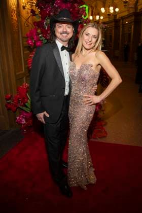 Stefanie Hertel with husband Leopold Lanny Lanner on the red carpet as a guest in the ballroom at the 100 Sepmper Opera Ball at the Semper Opera in Dresden on February 6, 2026 Saxony Germany