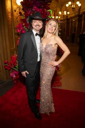 Stefanie Hertel with husband Leopold Lanny Lanner on the red carpet as a guest in the ballroom at the 100 Sepmper Opera Ball at the Semper Opera in Dresden on February 6, 2026 Saxony Germany