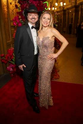 Stefanie Hertel with husband Leopold Lanny Lanner on the red carpet as a guest in the ballroom at the 100 Sepmper Opera Ball at the Semper Opera in Dresden on February 6, 2026 Saxony Germany