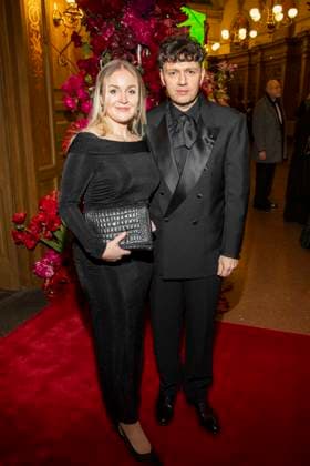 Vicroria Wendrich and Christian Friedel on the red carpet as guests in the ballroom at the 100 Sepmper Opera Ball at the Semper Opera in Dresden on February 6, 2026 Saxony Germany