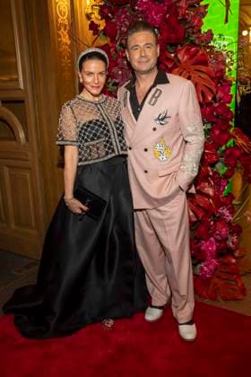 Julia Roentgen Schmitz and Sasha couple on the red carpet as guests in the ballroom at the 100 Sepmper Opera Ball at the Semper Opera in Dresden on February 6, 2026 Saxony Germany