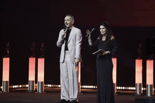 Xavier Taveirne and Fatma Taspinar present the award ceremony of the Ensors Flemish film prizes, as part of the Ostend Film Festival (18th edition) (30 01-07 02), Saturday 07 February 2026, in Oostende.  NICOLASxMAETERLINCK 161809206