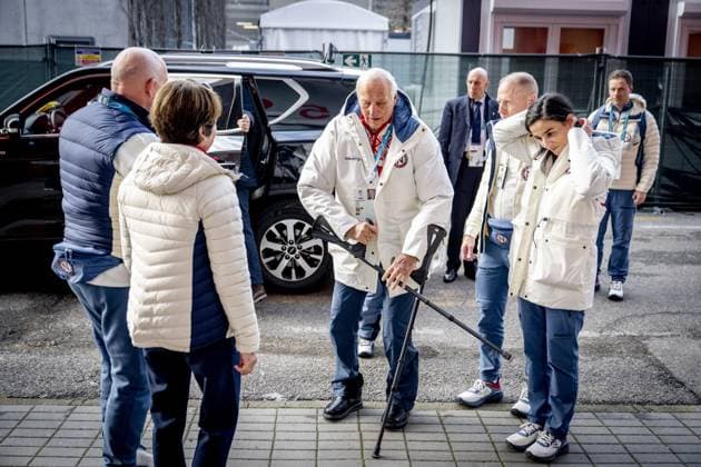 MILAN - King Harald and Queen Sonja of Norway visit the men s 5000 meters Milano Speed Skating Stadium during the Milan Cortina 2026 Winter Olympics. ROBIN UTRECHT ANP netherlands out - belgium out  Copyright: xx x550036584x originalFilename: 550036584.jpg