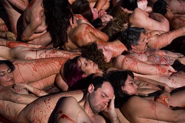 February 8, 2026, Barcelona, Barcelona, Spain: AnimaNaturalis activists stage a dramatic protest against the production and sale of animal fur in Barcelona. Dozens of protesters gathered in the city center to support the Fur Free Europe initiative, demanding an end to fur farms and the commercialization of mink, fox, and chinchilla pelts within the EU. Barcelona Spain - ZUMAa239 20260208_zip_a239_003 Copyright: xMarcxAsensioxClupesx