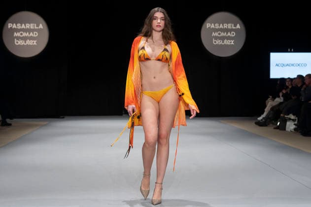 February 9, 2026, Madrid, Madrid, Spain: The model walks the runway at the MOMAD International Fashion Show, wearing designs by students from the ACQUADICOCCO, Madrid School of Fashion Design), Madrid, (02.06.26) Madrid Spain  - ZUMAc312 20260209_zsp_c312_004 Copyright: xOscarxManuelxSanchezx
