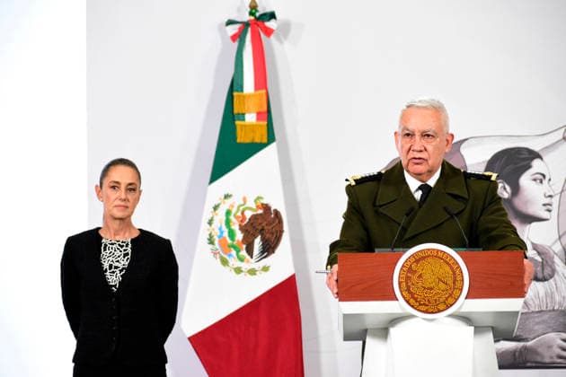 Mexico™s President Claudia Sheinbaum Holds Security Report Conference Mexico™s President Claudia Sheinbaum Pardo is seen behind while the Minister of Mexican National Defense, Ricardo Trevilla Trejo, speaking during a briefing conference on the monthly security report at National Palace. on February 10, 2026 in Mexico City, Mexico. (Photo by Luis Barron Eyepix Group) Copyright: xLuisxBarronx xEyepixxGroupx LB_10022026_175756