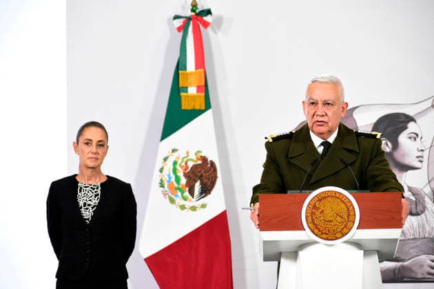 MexicoÃ¢â‚¬â ¢s President Claudia Sheinbaum Pardo is seen behind while the Minister of Mexican National Defense, Ricardo Trevilla Trejo, speaking during a briefing conference on the monthly security report at National Palace. on February 10, 2026 in Mexico City, Mexico. Mexico City Mexico - ZUMAe321 20260210_zia_e321_010 Copyright: xLuisxBarronx