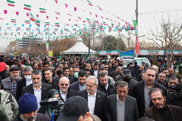 February 11, 2026, Tehran, Iran: Iranian President MASOUD PEZESHKIAN (C) takes part in a celebration marking the 47th anniversary of the Islamic Revolution in Tehran. This anniversary commemorates the 1979 revolution, during which the monarchy was overthrown and replaced by the Islamic Republic of Iran, with Ayatollah Ruhollah Khomeini as its first Supreme Leader. Tehran Iran - ZUMAi98_ 20260211_zih_i98_006 Copyright: xIranianxPresidencyx