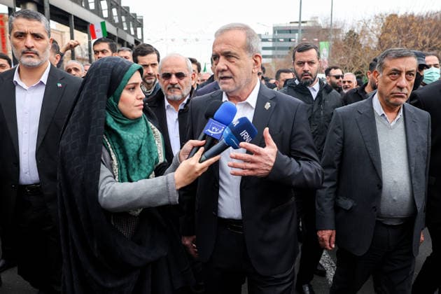 February 11, 2026, Tehran, Iran: Iranian President MASOUD PEZESHKIAN (C) takes part in a celebration marking the 47th anniversary of the Islamic Revolution in Tehran. This anniversary commemorates the 1979 revolution, during which the monarchy was overthrown and replaced by the Islamic Republic of Iran, with Ayatollah Ruhollah Khomeini as its first Supreme Leader. Tehran Iran - ZUMAi98_ 20260211_zih_i98_010 Copyright: xIranianxPresidencyx