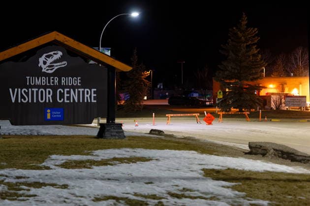 February 11, 2026, Tumbler Ridge, Bc, CANADA: The road is blocked off before the Tumbler Ridge Secondary School in Tumbler Ridge, B.C. on Wednesday, Feb. 11, 2026. Tumbler Ridge CANADA  - ZUMAc35_ 20260211_zaf_c35_013 Copyright: xJessexBoilyx