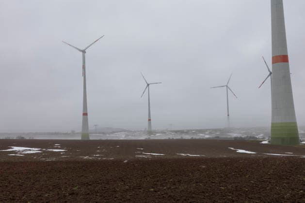 Wind energy Thuringia in winter 11022026 A collection of wind turbines near Sondershausen in Thuringia Winter weather, fog and mist Sondershausen Thuringia Germany 110226_ppb-16