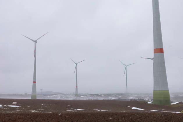 Wind energy Thuringia in winter 11022026 A collection of wind turbines near Sondershausen in Thuringia Winter weather, fog and mist Sondershausen Thuringia Germany 110226_ppb-17