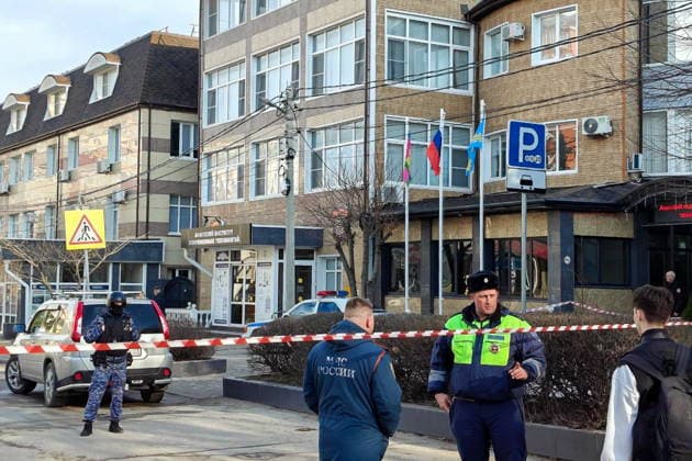 RUSSIA, KRASNODAR REGION - FEBRUARY 11, 2026: Police respond to a shooting in the lobby of the Anapa Industrial College in the Black Sea resort town of Anapa, one reported dead. Yakov Plotkin TASS  88529576