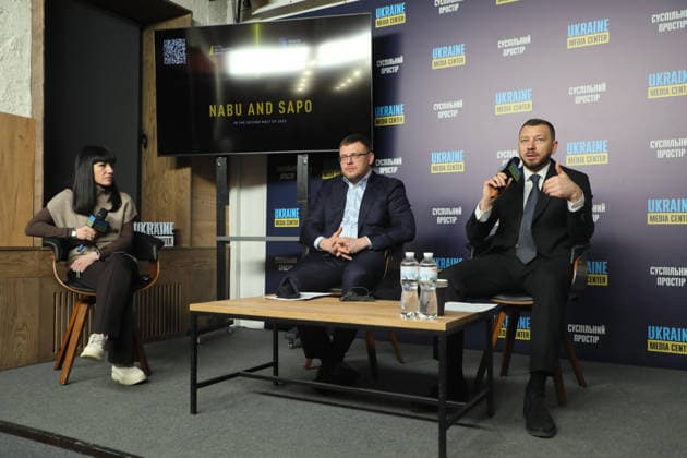 Moderator Olha Atamanova, Director of the National Anti-Corruption Bureau of Ukraine Semen Kryvonos, and Head of the Specialized Anti-Corruption Prosecutor’s Office Oleksandr Klymenko (L to R) take part in a briefing to present the report on the activities of NABU and SAPO in the second half of 2025 at the Media Center Ukraine, Kyiv, Ukraine, February 10, 2026. In the second half of 2025, NABU and SAPO reached a new level in exposing corruption in strategic sectors of the economy and defence. Despite Russian aggression, the agencies carried out large-scale operations in the energy sector, uncovered corruption schemes in military procurement, and exposed cases involving high-ranking officials. Twelve top officials were served with suspicions  Copyright: xYuliiaxOvsiannikovax