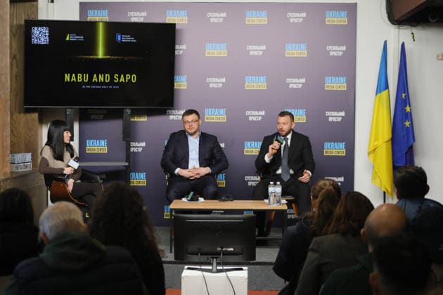 Moderator Olha Atamanova, Director of the National Anti-Corruption Bureau of Ukraine Semen Kryvonos, and Head of the Specialized Anti-Corruption Prosecutor’s Office Oleksandr Klymenko (L to R) take part in a briefing to present the report on the activities of NABU and SAPO in the second half of 2025 at the Media Center Ukraine, Kyiv, Ukraine, February 10, 2026. In the second half of 2025, NABU and SAPO reached a new level in exposing corruption in strategic sectors of the economy and defence. Despite Russian aggression, the agencies carried out large-scale operations in the energy sector, uncovered corruption schemes in military procurement, and exposed cases involving high-ranking officials. Twelve top officials were served with suspicions  Copyright: xYuliiaxOvsiannikovax