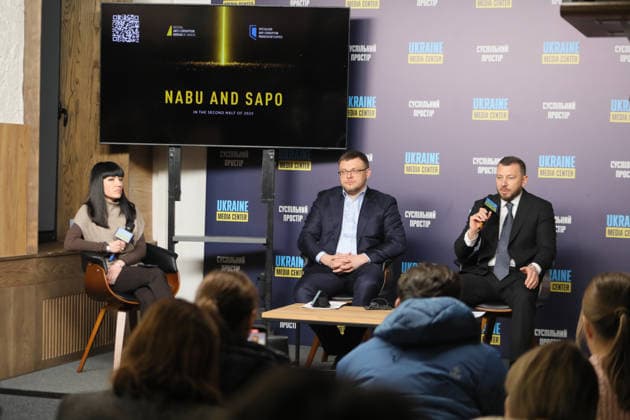 Moderator Olha Atamanova, Director of the National Anti-Corruption Bureau of Ukraine Semen Kryvonos, and Head of the Specialized Anti-Corruption Prosecutor’s Office Oleksandr Klymenko (L to R) take part in a briefing to present the report on the activities of NABU and SAPO in the second half of 2025 at the Media Center Ukraine, Kyiv, Ukraine, February 10, 2026. In the second half of 2025, NABU and SAPO reached a new level in exposing corruption in strategic sectors of the economy and defence. Despite Russian aggression, the agencies carried out large-scale operations in the energy sector, uncovered corruption schemes in military procurement, and exposed cases involving high-ranking officials. Twelve top officials were served with suspicions  Copyright: xYuliiaxOvsiannikovax