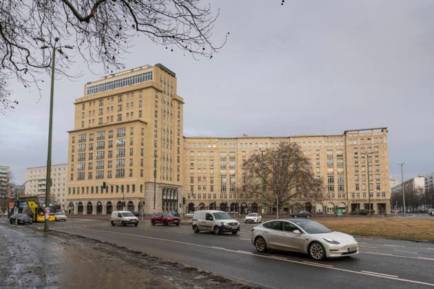 The 14-storey Berlin Left House in the style of socialist classicism at Strausberger Platz on Karl Marx Allee in Berlin Mitte
