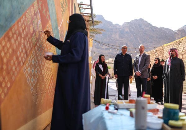 Prince of Wales visit to Saudi Arabia day three, 11 February 2026 11 02 2026. AlUla, Medina, Saudi Arabia. In AlJadidah Arts District in AlUla HRH The Prince of Wales joined artists and members of the local community to celebrate art and culture as a bridge between nations. The visit reflects the growing collaboration between AlUla and the United Kingdom, underscoring the role of creative exchange in strengthening human connections, deepening mutual understanding, and supporting a sustained cultural partnership., Credit:Pete Maclaine Avalon Saudi Arabia, Medina, AlUla  Copyright: xPetexMaclainex xAvalonx 1074048553
