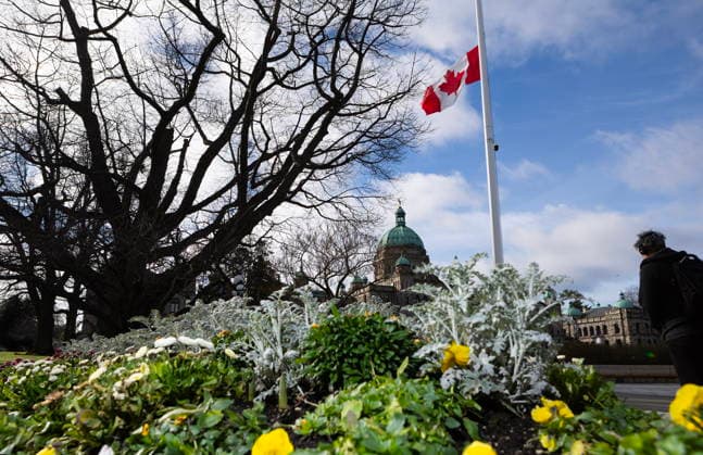 February 11, 2026, Victoria, Bc, CAN: The Canadian flag hangs at half-mast at the legislature in Victoria, B.C., on Wednesday, Feb. 11, 2026 in honour of the victims in the mass shooting in Tumbler Ridge, B.C. Victoria CAN  - ZUMAc35_ 20260211_zaf_c35_199 Copyright: xChadxHipolitox