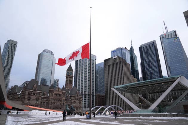 The Canadian Flag Flies half-mast following mass school shooting TORONTO, CANADA - FEBRUARY 11 : The Canadian flag flies at half mast outside Toronto City Hall following the mass school shooting in Tumbler Ridge, British Columbia, on February 11, 2026. Mert Alper Dervis Anadolu Ontario Canada. Editorial use only. Please get in touch for any other usage.  Copyright: x2026xAnadoluxMertxAlperxDervisx