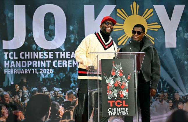 Wanya Morris (L) and Kenneth Babyface Edmonds attend a hand and footprint ceremony honoring Jo Koy in the forecourt of the TCL Chinese Theatre in Los Angeles, California on Wednesday, February 11, 2026.  LAP20260211717 CHRISxCHEW