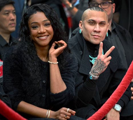 Tiffany Haddish (L) and Taboo attend a hand and footprint ceremony honoring Jo Koy in the forecourt of the TCL Chinese Theatre in Los Angeles, California on Wednesday, February 11, 2026.  LAP20260211708 CHRISxCHEW