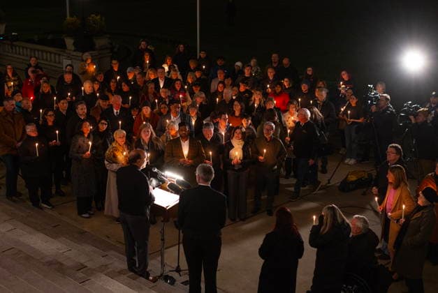 February 11, 2026, Victoria, Bc, CAN: Speaker of the B.C. Legislative Assembly Raj Chouhan speaks at a candle light vigil at the front steps of the legislature in Victoria, B.C., on Wednesday, Feb. 11, 2026 in honour of the victims of the school shooting in Tumbler Ridge, B.C. Victoria CAN  - ZUMAc35_ 20260211_zaf_c35_326 Copyright: xChadxHipolitox