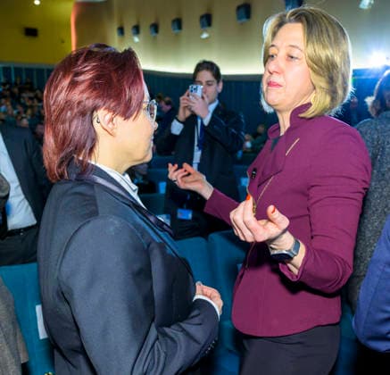 Münferering Weisgerber EUR, Germany, Berlin 12 02 2026 Michelle Müntefering, CEO and Spokesperson of the Board of the Production Alliance and Anja Weisgerber, Member of the German Bundestag in conversation during the German Producers Day 2