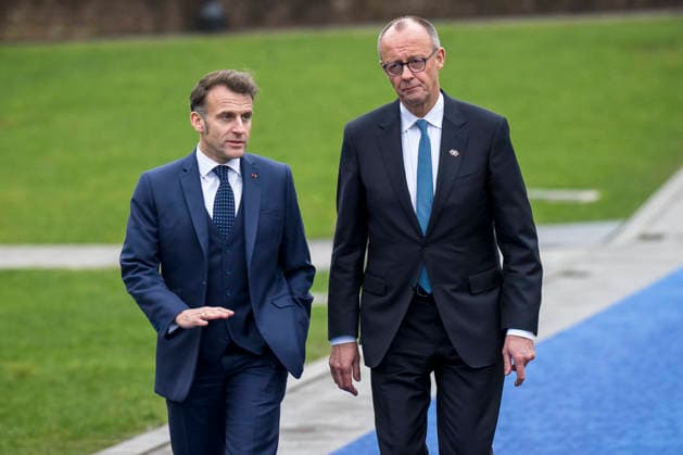 February 12, 2026, Bilzen, Belgium: EMMANUEL MACRON, President of France and FRIEDRICH MERZ, Chancellor of Germany, arrive to attend the Informal EU leaders retreat at Alden Biesen Castle in Bilzen, Belgium. The strategic session brings together heads of state and government to discuss deepening the Single Market, boosting investment and strengthening Europe s competitiveness amid shifting global economic dynamics. Bilzen Belgium - ZUMAw80_ 20260212_faf_w80_024 Copyright: xWiktorxDabkowskix