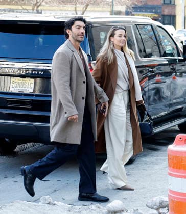 Justin Baldoni arrives at U.S. District Court in Manhattan with Emily Baldoni regarding his case against Jonesworks PR boss Stephanie Jones, whom he sued in March 2025. on Thursday, February 12, 2026 in New York City. Justin Baldoni and Jennifer Abel have filed a lawsuit against publicist Stephanie Jones as part of the ongoing legal battle between the It Ends With Us director and cast member Blake Lively.  NYP20260212104 JOHNxANGELILLO